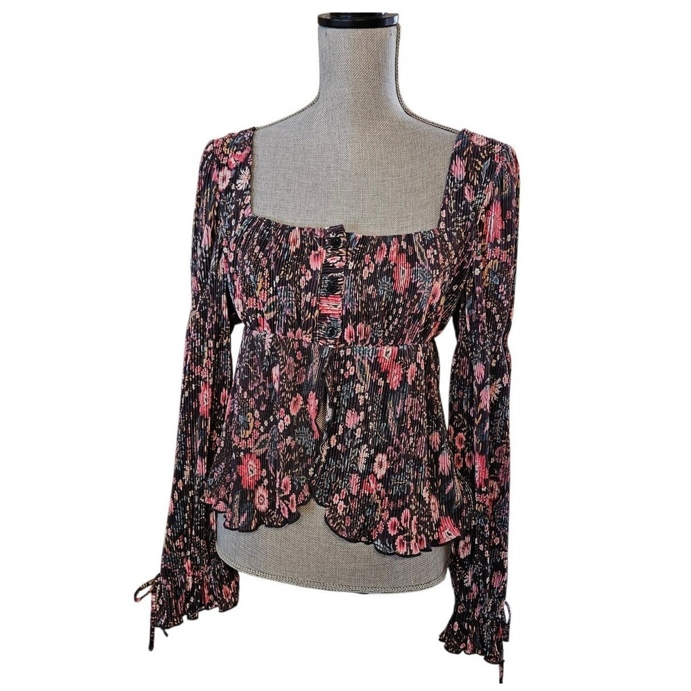 Womens Black Pink Floral Fairycore Plisse Square Neck Blouse M Cottagecore Boho